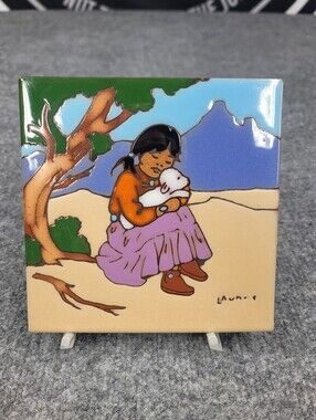 Vintage Earthtones Leone Kuhme Southwestern Tile Trivet Wall Décor Girl & Lamb